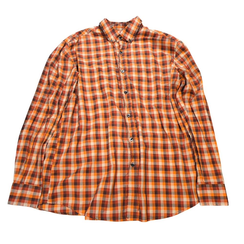 Saddlebred Plaid‎ Button Down Shirt Men's Size Large Orange Brown Wrinkle Free
